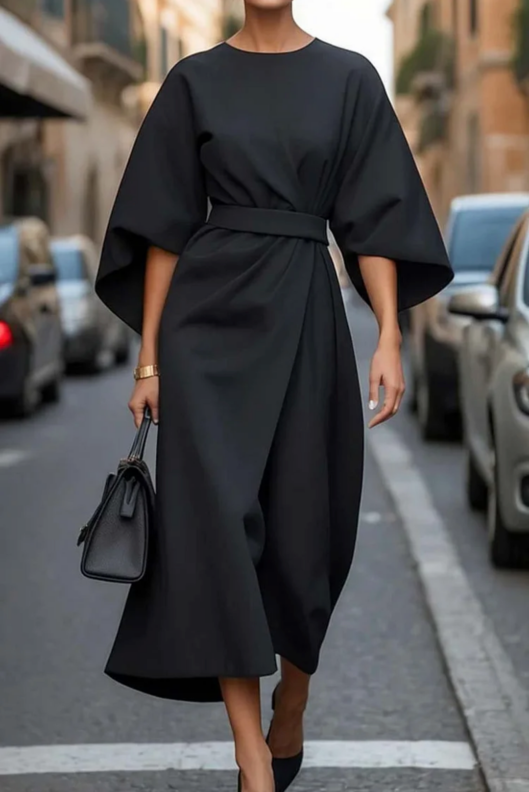 Sofía - elegante vestido con mangas abullonadas y cinturón.